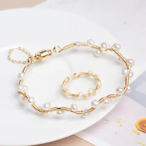 Perle Armband Ring Set Wave Link 14 Karat Gold verstellbare Liebe Verlängerung kette Valentinstag Geschenk Retro Charm Schmuck für Frauen
