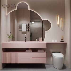 Vama Hot Design armoire de salle de bain, comptoir mural, vanité de salle de bain de couleur rose avec miroir LED - Product Image 1