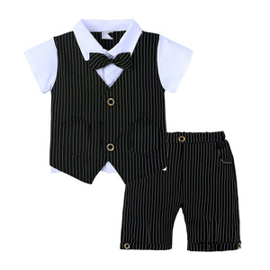 Ensemble été pour hommes et garçons, 2 pièces, chemise à manches courtes, nœud papillon, <span class=keywords><strong>short</strong></span> avec poches boutonnées, design rayé - Product Image 4