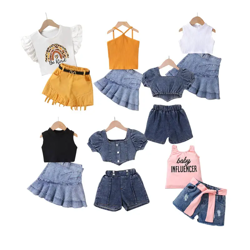Boutique vêtements pour enfants couleur bonbon mode fille haut dos nu jupe en jean nouvellement conçue