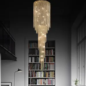 Lampu gantung kristal panjang tangga Modern lampu gantung dekorasi dalam ruangan lampu rumbai gantung