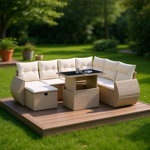 Beige Pe <b>Rattan</b> Garden <b>Sofa</b> Set With Adjustable Armrests 6 Seater Outdoor Furniture Contemporary Design - Product Image 2