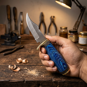 Cuchillos Rajput Hechos a Mano, Cuchillo de Caza/Camping de Acero de Damasco de Grado Industrial, Hoja Fija, Mango de Madera, Punta Caída, 20cm de Alto - Product Image 1