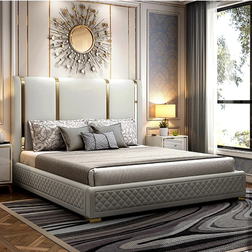 Modern polished gold and faux leather headboard Included upholstered king bed