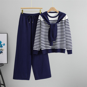 Ensemble professionnel tricoté automne-hiver pour femme – Pull rayé élégant et pantalon large – Deux pièces transfrontalières - Product Image 3