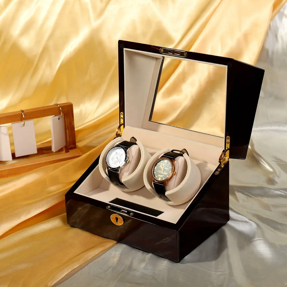 高級カスタムロゴヒンジ付き木製ボックスサイレント自動時計シェーカーワインダー時計木製ボックスのメーカー