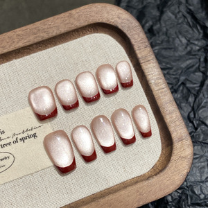 <span class=keywords><strong>Uñas</strong></span> Postizas Francesas Vintage Color <span class=keywords><strong>Vino</strong></span> Tinto, <span class=keywords><strong>Uñas</strong></span> Postizas Rojas Brillantes Hechas a Mano para Otoño Invierno, Blanqueamiento de Piel - Product Image 1