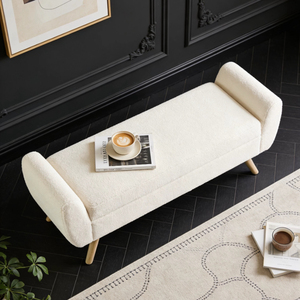 Banc de rangement en fausse fourrure d'agneau crème, tabouret de rangement long avec pieds en <span class=keywords><strong>bois</strong></span> <span class=keywords><strong>et</strong></span> accoudoirs latéraux, multifonctionnel - Product Image 5