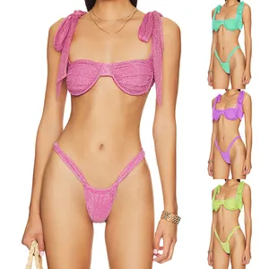 Custom high quality shiny fabric sexy two piece bikini beachwear customized women two piece xxxs bikini