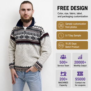 FNJIA Maßgefertigter Jacquard-Strick Islandischer Herren-Schneeflocken-Rollkragenpullover mit 1/4-Reißverschluss Nordischer Isländischer Norwegischer Weihnachtspullover für den Winter - Product Image 1