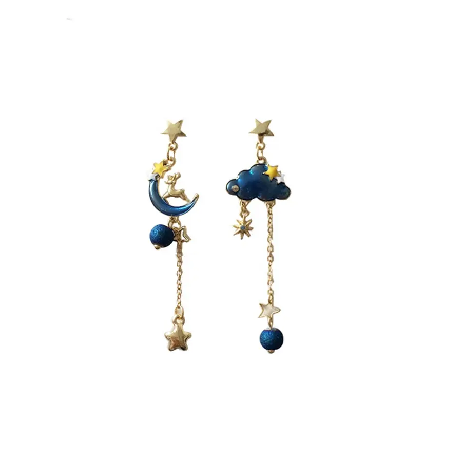 Boucles d'oreilles asymétriques Dream beautiful star moon cute girl blue cloud long fringe earrings 2023 new cute wind earrings