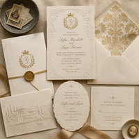 Ensembles d'invitations de mariage en damassé doré, suite d'invitations de mariage de luxe en or, invitations de mariage personnalisées en gros avec ruban champagne artisanal