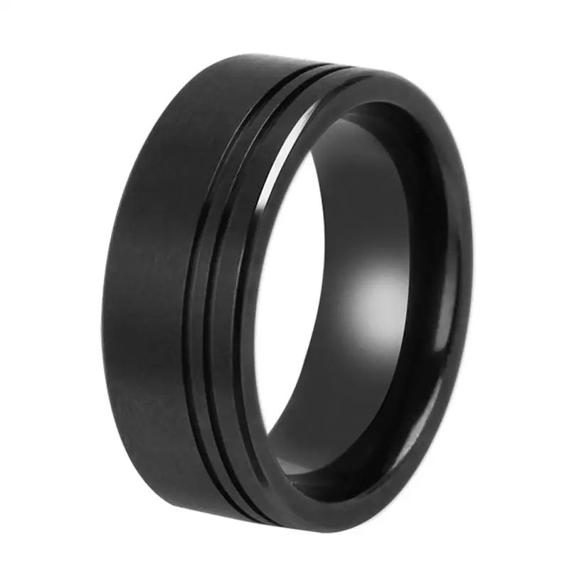 Anello di zirconio nero spazzolato 8mm anelli da uomo in titanio nero gioielli due linee Offset anello da uomo in zirconio nero