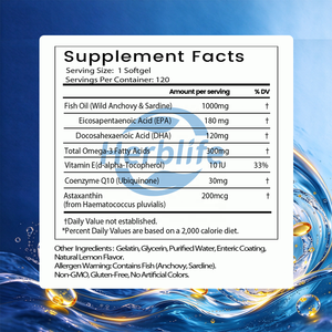 น้ำมันปลาโอเมก้า 3 แบบซอฟต์เจล OEM ODM  EPA DHA 1000 มก. ผสมโคคิวเท็น แอสตาแซนธิน และวิตามินอี รสเลมอน บำรุงหัวใจและสมอง - Product Image 4