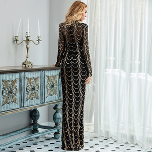 Manches longues noir train petite <span class=keywords><strong>robe</strong></span> Europe et les États-Unis nouvelle perspective sexy rayures paillettes longue <span class=keywords><strong>robe</strong></span> de soirée - Product Image 4