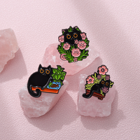 Broche en émail souple chat noir, broche en métal chat kawaii, broche plante, badge animal mignon, fleur, cactus, cadeau, vente en gros, épingles de revers