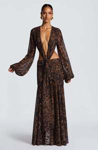 Robe longue sexy unie à col en V profond et découpes, pour femme, à manches longues, plissée, transparente en mousseline, Robe de soirée et de vacances 2026 3565 - Product Image 2