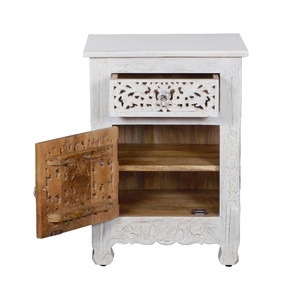 Floral Carved Wood Accent Table with Drawer & Cupboard - Distressed <b>White</b> Finish - Product Image 4