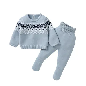 mimixiong Verified Supplier baby girls boys Jacquard newborn baby fall winter clothes set Pullover Sweater with Footie Pants