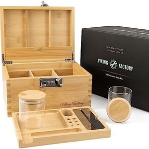 Viking Factory Bamboo <b>Makeup</b> Organizer Wooden Storage <b>Box</b> With Combination Lock Desktop Organizer For Beauty Essentials - Product Image 1