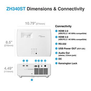 ZH340ST ZH340ST 1080p Laser <b>Projector</b> DLP 5000 Lumens Optoma ZH340ST Full 3D 4K Smart Video Portable USB Connectivity for Busine - Product Image 4
