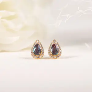 W0412 Excellent Finishing Jewelry Wholesale Pear Cut 4x6mm Lab Alexandrite 925 Sterling Silver Engagement Halo Earrings