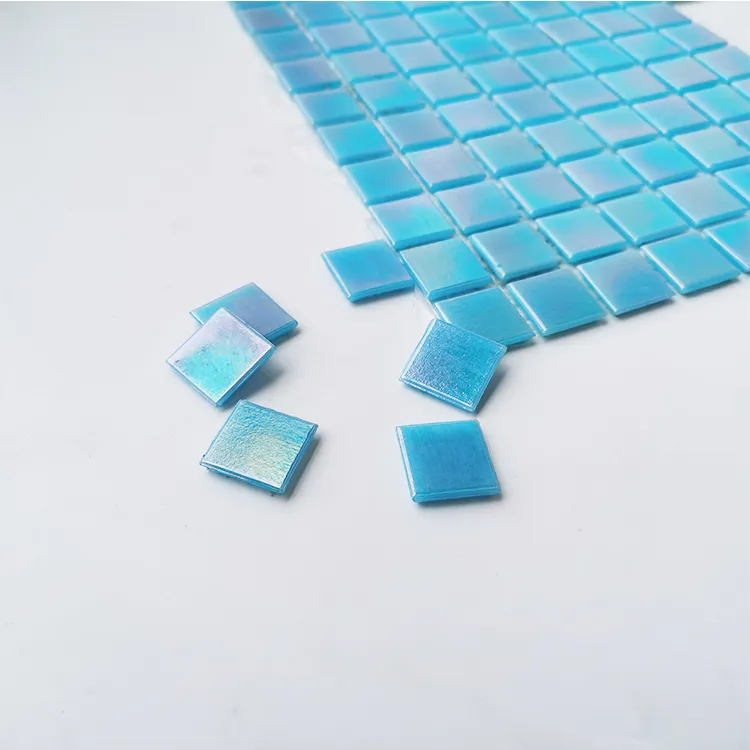 Hot sale blue pearlescent swimming glass pool mosaic tiles blue color iridescent outdoor glass mosaic pool tile