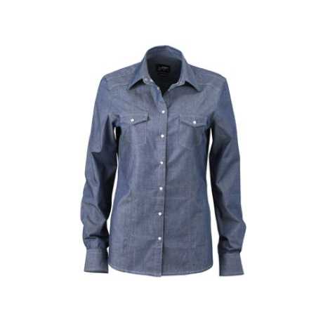 Ladies' Denim Blouse Embroidered Plaid Striped Vintage Top Asymmetrical Collar XL Size for Spring and Autumn