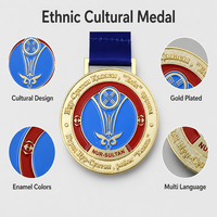 Maßgefertigte Sportmedaille aus Metall, 2D OEM, rund, Emaille, Zentralasiatischer Ethno-Stil, Multi-Souvenir-Auszeichnung, Gold-Finish mit blauem Band