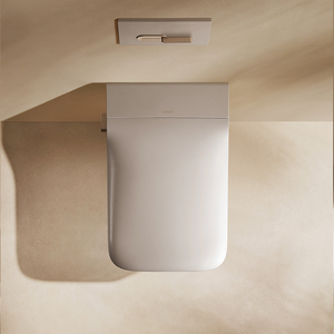 Inodoro inteligente de pared con control remoto, moderno, de cerámica blanca brillante, con sifón en S, cuadrado, de una pieza, con bidé. - Product Image 3