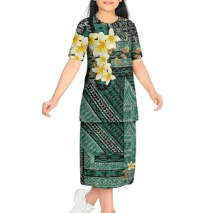 Plumeria Fiji Tapa Pattern Girl Short-Sleeve Puletasi Kids Dress Samoa Tonga Child Dress Round Neck Clothing For Children Summer