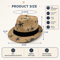 Chapeau Fedora en paille tropicale créatif à imprimé cocotier, à bord court, style Trilby, pour les fêtes hawaïennes, les soirées sur la plage et les vacances d'été