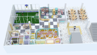 Aire de jeux intérieure de style pastel intégrée à un mini terrain de football et à une toboggan pour centre d'activités pour enfants commercial