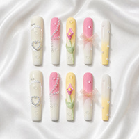 Ensembles d'ongles à presser faits main 10 pièces, style Y2K carré, ivoire pastel, motif bulle, tulipe en relief et ruban