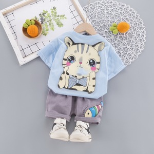 Import Export Baby Boys <b>T</b> Shirt Summer Stylish New Style Cotton Kids Boutiques Blue <b>Cat</b> Fish Print Outfits Set - Product Image 2