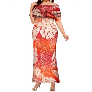 Abito Lungo Aderente con Design Tribale Polinesiano Hawaiano, Elegante Vestito da Donna con Volant e Spalle Scoperte, Taglie Forti, Abbigliamento delle Isole del Pacifico - Product Image 1