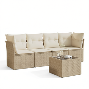 Beige Pe Rattan Garden <b>Sofa</b> <b>Set</b> With Powder Coated Steel And Tempered Glass Outdoor Furniture - Product Image 1