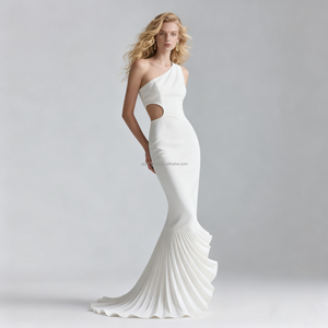 Vestido maxi de sirena <span class=keywords><strong>blanco</strong></span> de un hombro para mujer con corte lateral y tren plisado, elegante vestido formal para fiesta y boda - Product Image 4