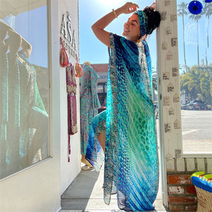 Venta caliente Mujeres <span class=keywords><strong>Beach</strong></span> Long Dress Bikini Cover up Robe De Plage <span class=keywords><strong>Beach</strong></span> Cover up Kaftan <span class=keywords><strong>Beach</strong></span> Wear Batwing Floral Print Maxi Dress - Product Image 5