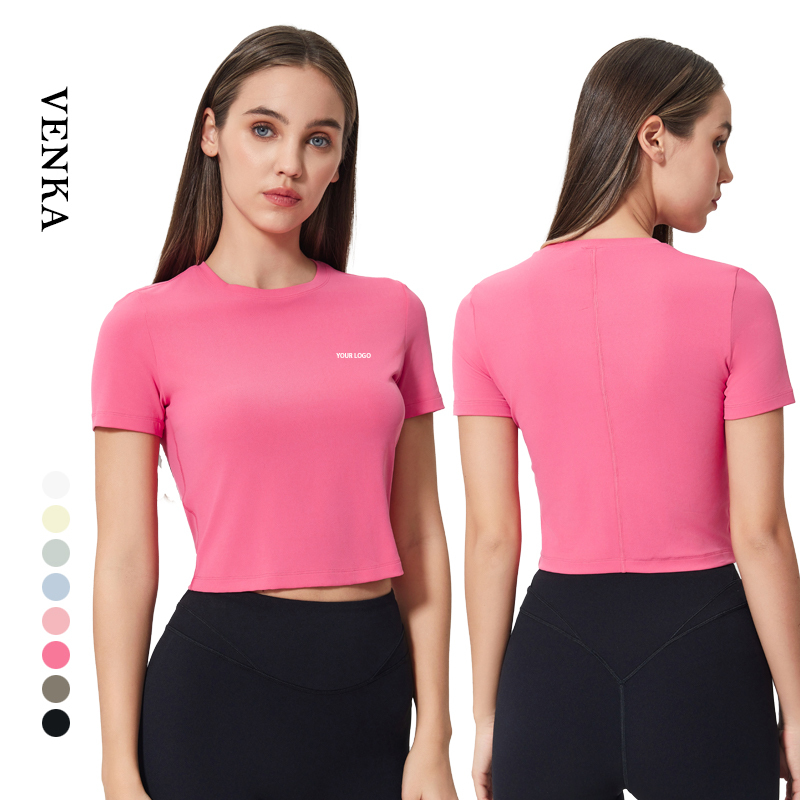 Women Slim Fit Round Neck Sportswear Gym Fitness Quick Dry Breathable Lightweight Sports Crop Top Girl Short Sleeve Yoga T-shirt
