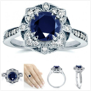 Elegante anello a forma di fiore cavo per donna, design con pietre blu intarsiate, gioielli alla moda - Product Image 1