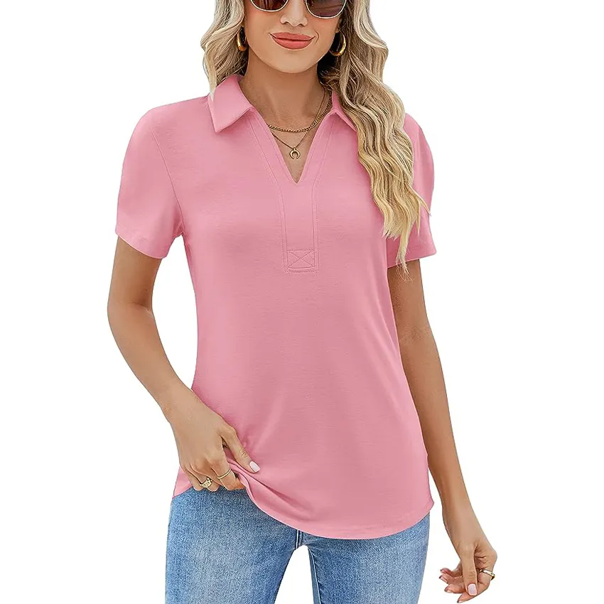 Womens V-Hals Poloshirts Korte Mouw Kraag Blouses Zomer Chic Casual Business Tops Voor Werk