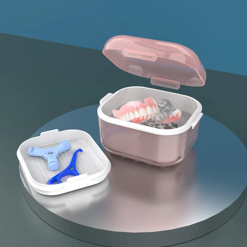 クリーニングと保管のためのフィルターネット歯科義歯ケース付きプラスチック偽義歯クリーナーボックス