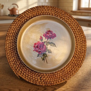 Assiette décorative ronde en métal peinte à la main avec motif de rose, style vintage, vaisselle artisanale - Product Image 4