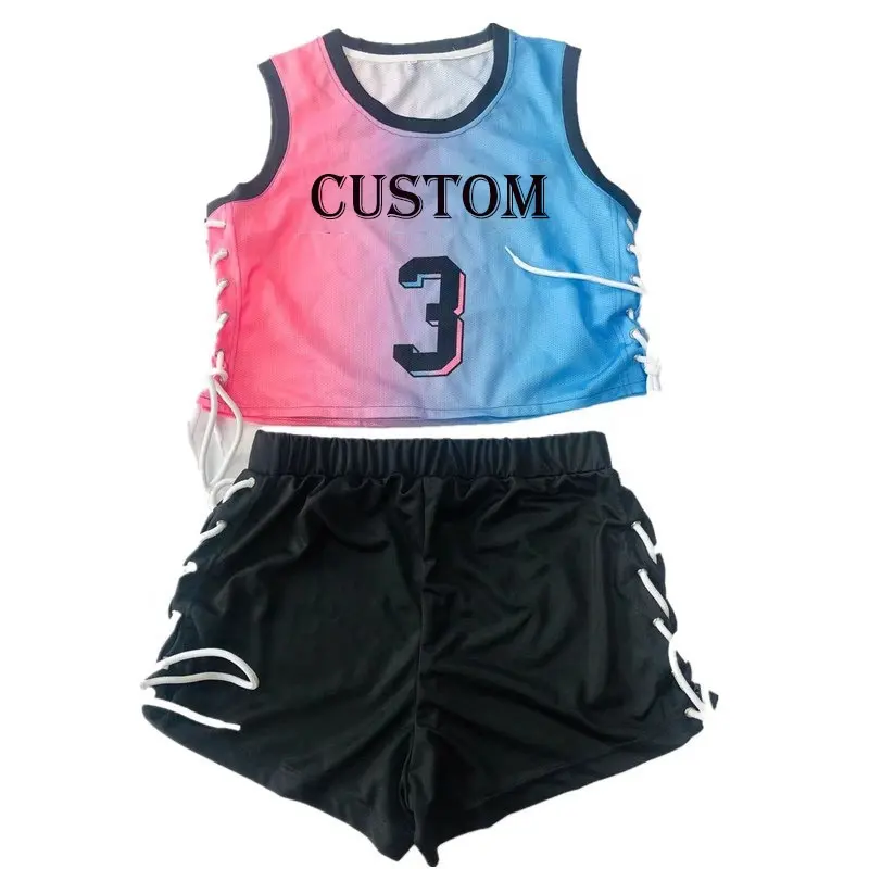 custom patchwork Summer Two Piece Sport Wear Sleeveless Crop Top And Shorts Set Outfit Women Clothing