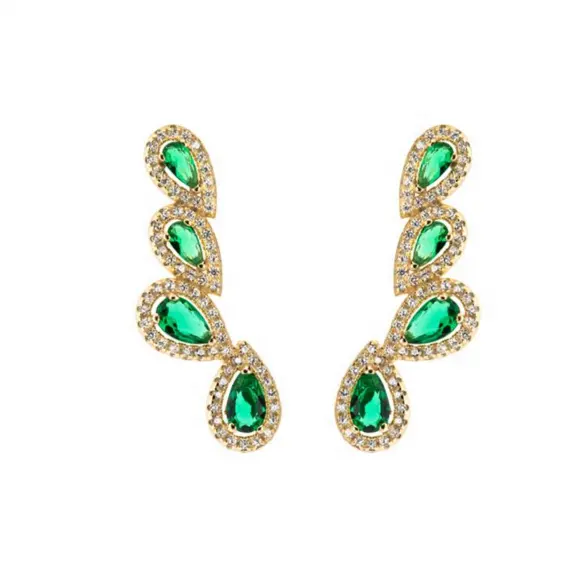 Gold silver plated fashion long climber sweep ear wire trendy lady emerald green cz earring