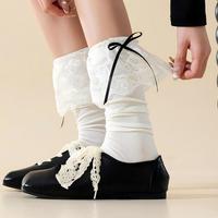 Chaussettes hautes souples pour femmes, avec bordure en dentelle superposée et ruban en satin, douces, extensibles, confortables, pour un usage quotidien décontracté, chaussettes tendance