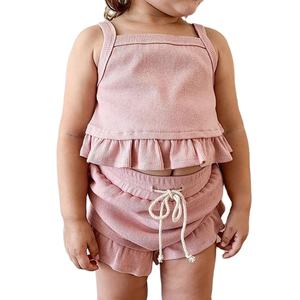 OEM ODM personalizado para niñas pequeñas, conjunto <span class=keywords><strong>de</strong></span> ropa <span class=keywords><strong>de</strong></span> algodón acanalado, Top con volantes, pantalones cortos <span class=keywords><strong>de</strong></span> cordón, trajes para bebés - Product Image 2