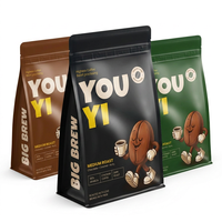 Sachet d'emballage de café imprimé sur mesure à 8 soudures latérales avec fermeture éclair, en aluminium mat avec encoche de déchirement pour grains de café