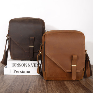 Bolso bandolera de cuero Crazy Horse, bolso cruzado cuadrado vertical para hombres y mujeres, para viajes de negocios, cierre con cremallera de color sólido - Product Image 1